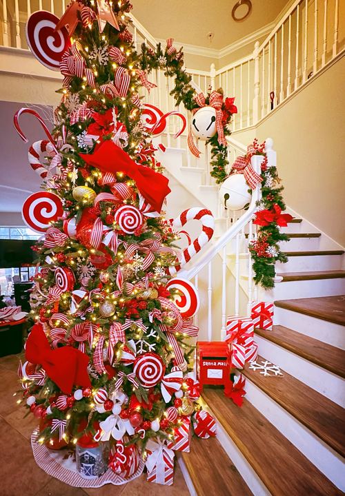 Candy cane tree and staircase garland