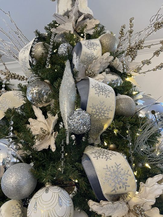Snowflake ribbon and silver ornaments
