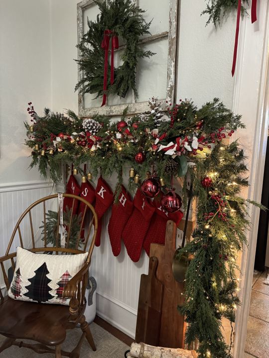 Mantel garland with red stockings