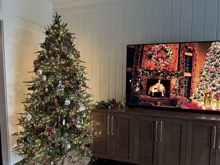 A classic tree beside the media console
