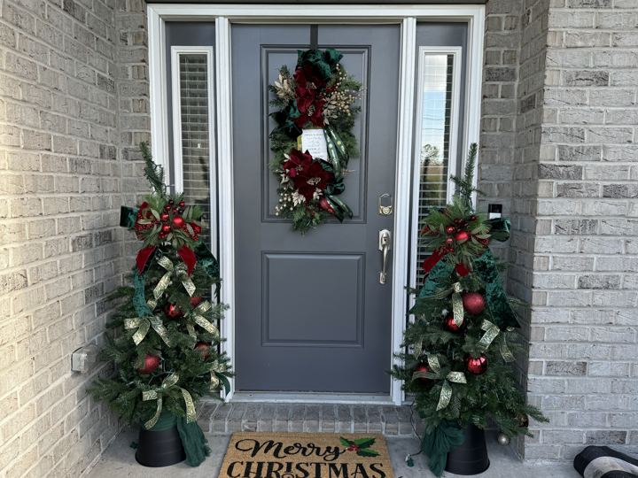 Front door garland with matching porch trees