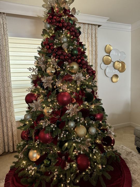 Burgundy, gold and evergreen tree