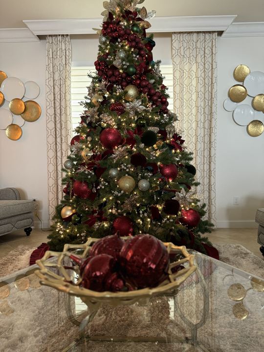 Velvet poinsettias and oversized ornaments